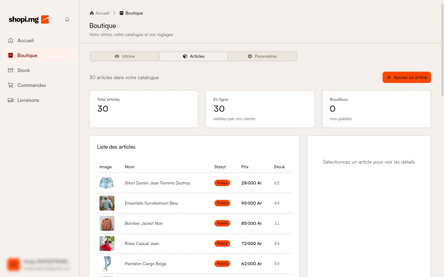 Module Articles : catalogue produits avec photo, nom, prix en ariary, stock et statut publié