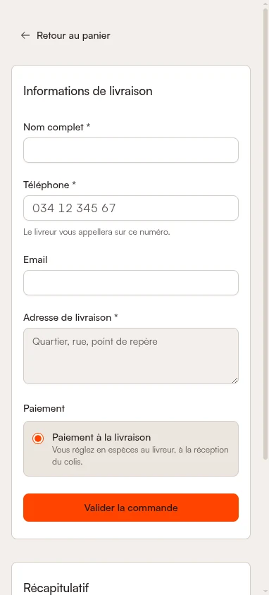 Formulaire de commande sur téléphone : nom, téléphone, e-mail facultatif, adresse de livraison et paiement à la livraison