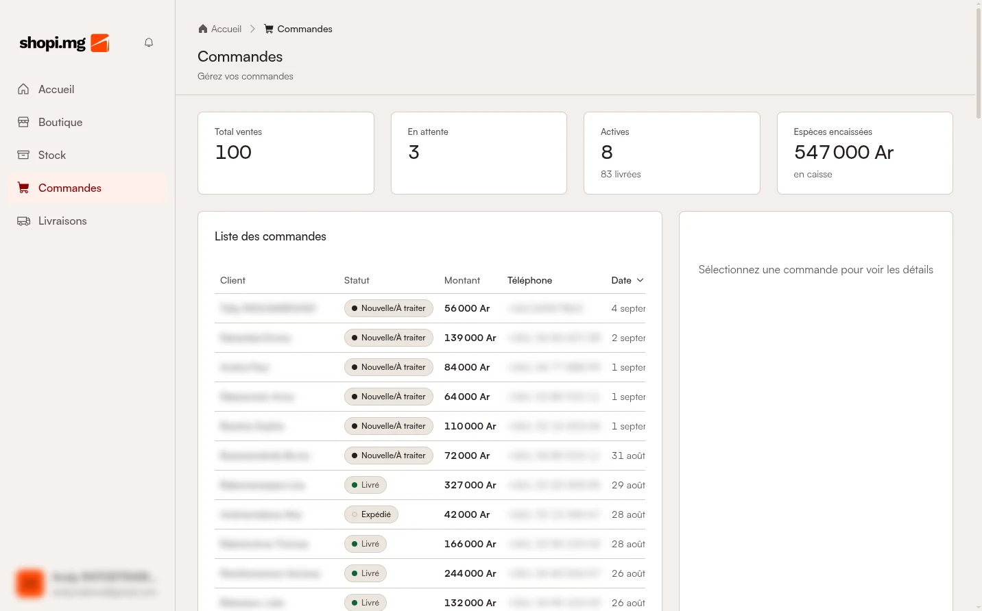 Module Commandes de l'espace vendeur : total des ventes, commandes en attente, commandes actives, espèces encaissées et liste des commandes avec leur statut